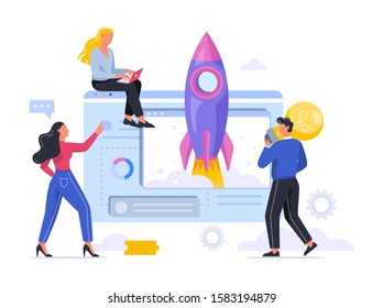Rocket launch as a metaphor of startup. Business development concept. Entrepreneurship concept. People achieve success. Vector illustration