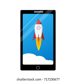 Rocket launch in mobile phone, vector design