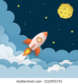 Rocket launch to the Moon. Cute space background with stars, moon, rocket, clouds, smoke. Night sky background with flying rocket. Paper cut craft style. Vector Illustration. 