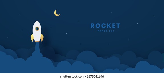 Rocket launch to the Moon. Cute space background with stars, moon, rocket, clouds, smoke. Night sky background with flying rocket. Paper cut craft style. Vector Illustration.