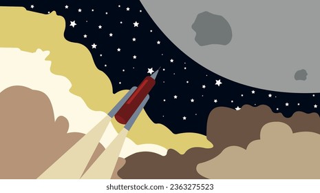 Rocket launch to the Moon. Cute space background with stars, moon, rocket, clouds, smoke. Vector Illustration. World space week.  World Science Fiction Day.