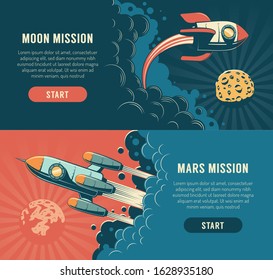 Rocket launch to the moon - space flyer in retro style. Spaceship start mars mission - vintage banner. Vector illustration.