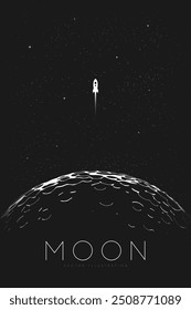 Rocket launch from the moon surface with craters into deep space on stars background. Interstellar travel and space exploration concept in minimalism style. Retro space poster. Vector illustration