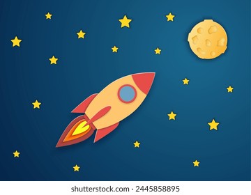 Rocket launch to the Moon.Paper cut startup poster template with space rocket. Concept business idea, startup, exploration. flyers, banners, posters and templates design.