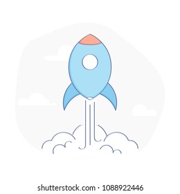 Rocket Launch. New idea, business startup launch,  project start-up development and launch a new innovation product on a market. Flat outline cute vector illustration.