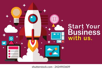Rocket launch. New project start up concept in flat design style.