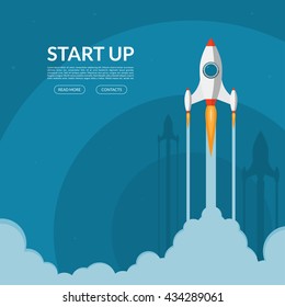 Rocket launch. New project start up concept in flat design style. Space for text. Vector illustration