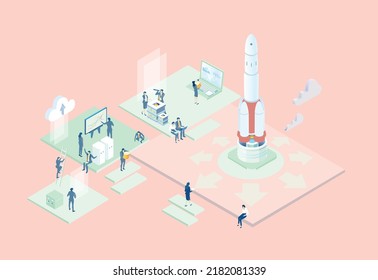 Rocket launch, new start up.  Isometric 3D business environment. Business management. Isometric office space, server room with business people. Technology, success, internet, data protection, support