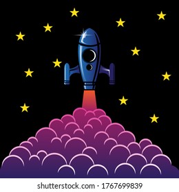rocket launch at night sky background vector with cartoon style