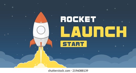 Rocket launch in the night sky flying above the clouds, Business and Start up template banner. spaceship is taking off into space. Startup idea Landing page screen, flat vector illustration.
