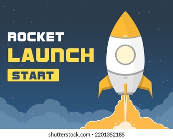 Rocket launch in the night sky flying above the clouds, Business and Start up template banner. spaceship is taking off into space. Startup idea Landing page screen, flat vector illustration.