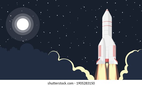 Rocket launch in night with white clouds and moonlight background. Vector, illustration.