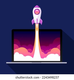 Raketenstart im Notebook. Grafische Illustration im Flachstil. Startprojekt, Geschäftsmetapher. Vektordesign-Objekt  