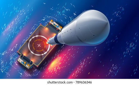 Rocket launch on autonomous spaceport drone ship in sea. Top view. spaceship takes off into space. Marine floating cosmodrome. Aerospace technology future concept.  svg