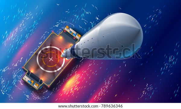 Rocket launch on\
autonomous spaceport drone ship in sea. Top view. spaceship takes\
off into space. Marine floating cosmodrome. Aerospace technology\
future concept. 