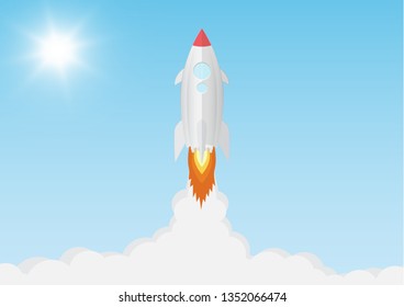 Rocket launch on blue sky background with sunlight, business start up new project concept vector illustration