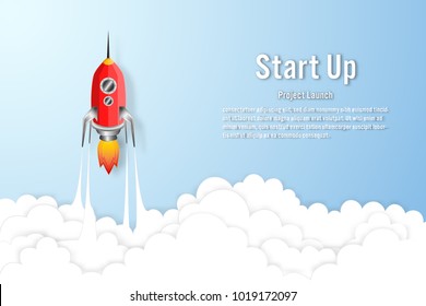 Rocket launch on the clouds and blue sky as paper art, craft style and business Startup project concept. flat design vector illustration.
