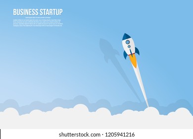 Rocket launch on the clouds and blue sky background, business Startup project concept. flat design vector illustration.