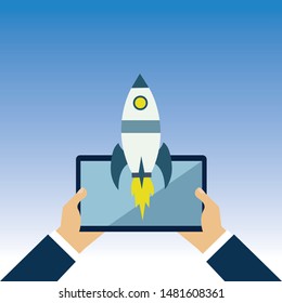Rocket launch on the clouds and blue sky as paper art,