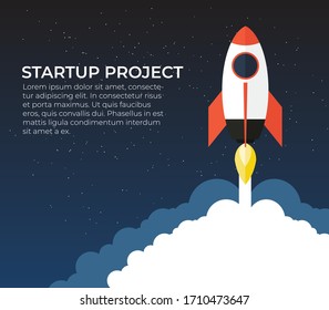 Rocket launch on the clouds and blue sky as paper art, craft style and business Startup project concept. flat design vector illustration.