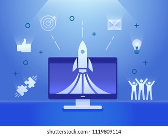 Rocket launch on a computer screen with business icons banner. Vector illustration concept for startups, teamwork, business, social media, creative strategies, advertisement