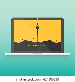 Rocket launch on computer.Flat concept background.Vector illustration.