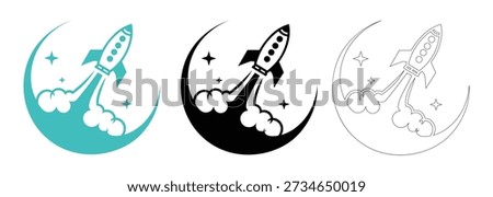 Rocket Launch on Crescent Moon Silhouette and Outline Icon Set Vector Illustration