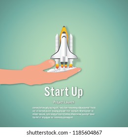 Rocket launch on hand as business start up and sucess concept. vector illustration.