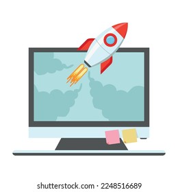 Rocket launch on laptop concept
