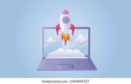 Rocket launch on laptop, flying rocket icon, business startup project concept.on blue background.Vector Design Illustration.