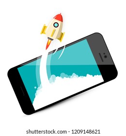 Rocket Launch on Mobile Phone. Business Startup Vector Symbol.