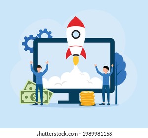 Rocket Launch on to The Moon in flat design