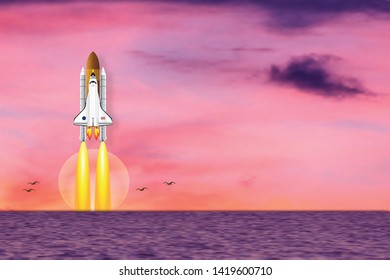 Rocket launch on the ocean and pink sky as paper art, craft style and business Startup project concept. flat design vector illustration.