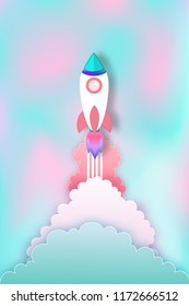 Rocket launch on pastel beautiful background as business start up, paper art and craft style concept. vector illustration