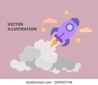 Rocket launch on pink background, Spaceship icon, startup business concept. Render illustration