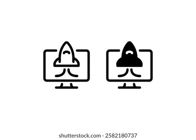 Rocket Launch on Screen Icon in Line and Solid Styles Vector