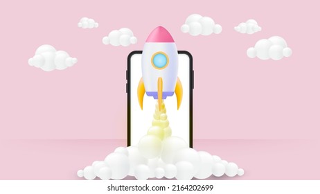 Rocket launch on smartphone. 3d flying rocket icon. business startup project concept. 3d vector illustration.