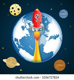 Rocket launch on the space or cosmos as business, start up project, paper art and craft style concept. vector illustrator.