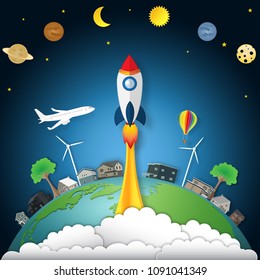 Rocket launch on the space or cosmos, hot air balloon and airplane over the earth as business, start up project, paper art and craft style concept. vector illustrator.