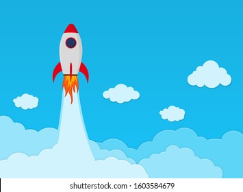 Rocket launch on space in flat style. Space ship startup in sky. Business concept banner. Travel creative background. Science innovation report. Space shuttle lift off on cloud. vector illustration