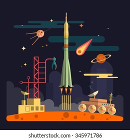 Rocket launch on space landscape background. Planets, satellite, stars, moon rover, comets, moon, clouds. Vector illustration in flat style design.