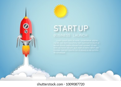 Rocket launch on the sunny, clouds and blue sky as paper art, craft style and business Startup project concept. flat design vector illustration.