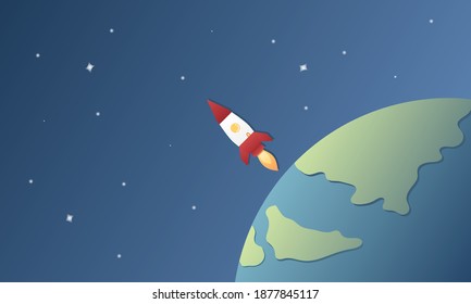 Rocket launch out of the world in to the space, Flat vector design