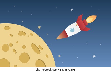 Rocket launch out of the world in to the space and go to the moon, Flat vector design