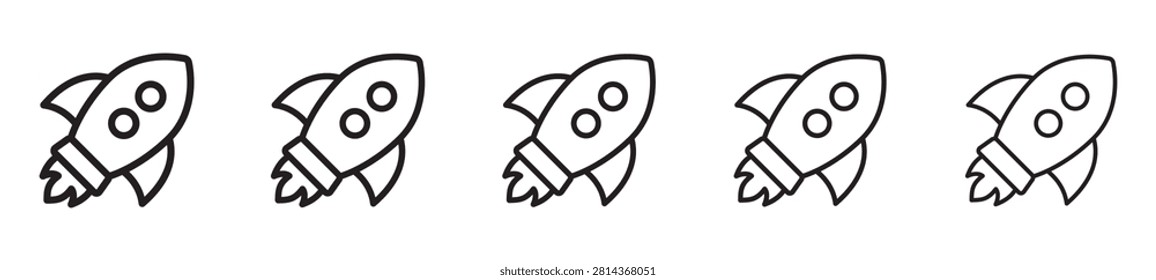 Rocket launch outline icon set. Black line spaceship flying diagonally with fire flame thrust, space shuttle with two portholes, startup business, speed boost and project start collection.