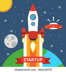 Rocket launch over the earth. Startup concept. Project development. Flat vector illustration.