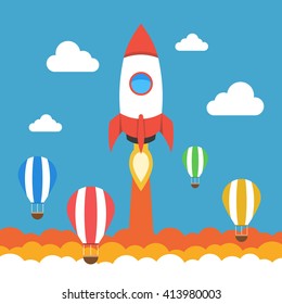 Rocket launch over the hot air balloons. Flat vector illustration. Startup concept. Project development.