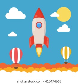 Rocket launch over the hot air balloons. Flat vector illustration. Startup concept. Project development.