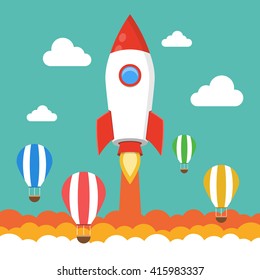 Rocket launch over the hot air balloons. Flat vector illustration. Startup concept. Project development.