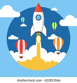 Rocket launch over the hot air balloons. Flat vector illustration. Startup concept. Project development.